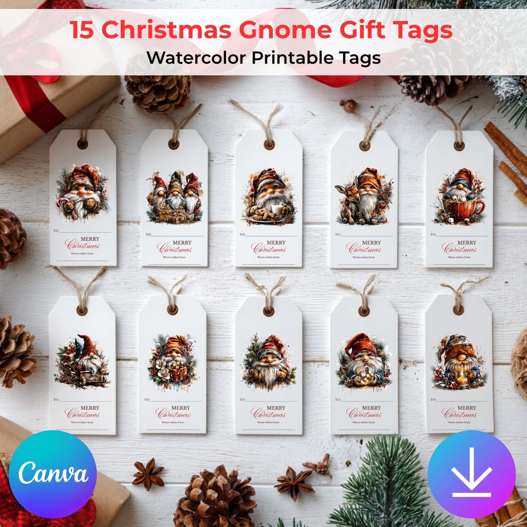 15 Christmas Gnome Gift Tags Printable | Watercolor Winter Gift Wrap ...