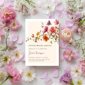 Convite editável para festa de aposentadoria para mulheres ou homens, convite para festa no jardim com flores silvestres, download digital de verão, modelo para impressão instantânea