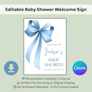 Blue Bow Welcome Sign, Blue Bow Baby Shower Welcome Sign Printable, Baby Shower Sign Template Editable, Baby Shower Welcome Poster, BS101