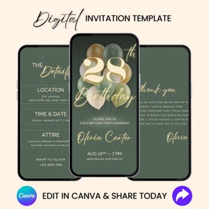 Animated Birthday Invitation Video: Elegant Green & Gold Mobile Invite (Digital Download, Editable Template)