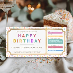 Plantilla de cupón de feliz cumpleaños, cupón de certificado de regalo imprimible para un día de spa, un viaje, un concierto o para regalar dinero, regalo de cumpleaños masculino de última hora.
