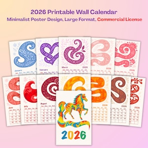 2026 Printable Wall Calendar | Digital Download Commercial Use | Annual Planner & Organizer