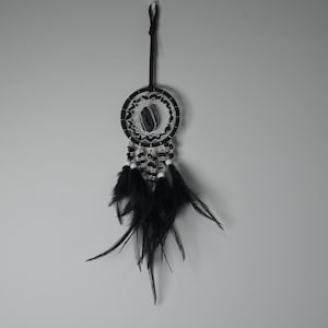May include: A black and white dreamcatcher with a central stone and black feathers. The circular frame is adorned with beads and a web-like design. The dreamcatcher hangs from a brown leather cord, creating a decorative wall hanging.