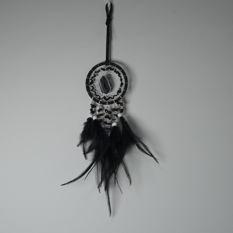 May include: A black and white dreamcatcher with a central stone and black feathers. The circular frame is adorned with beads and a web-like design. The dreamcatcher hangs from a brown leather cord, creating a decorative wall hanging.