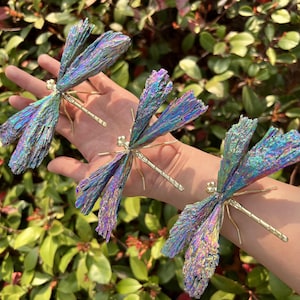 May include: Three iridescent dragonfly-shaped crystal sculptures with gold-toned metal accents. The sculptures are arranged on a hand.