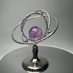LED  Spinning Silver Armillary Sphere Holder Fairy Light: Celestial Crystal Ball Stand