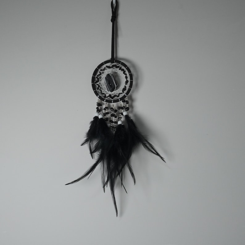 May include: A black and white dreamcatcher with a central stone, beaded accents, and hanging feathers. The dreamcatcher is suspended by a dark brown cord against a neutral gray background. The circular design is a traditional Native American craft.