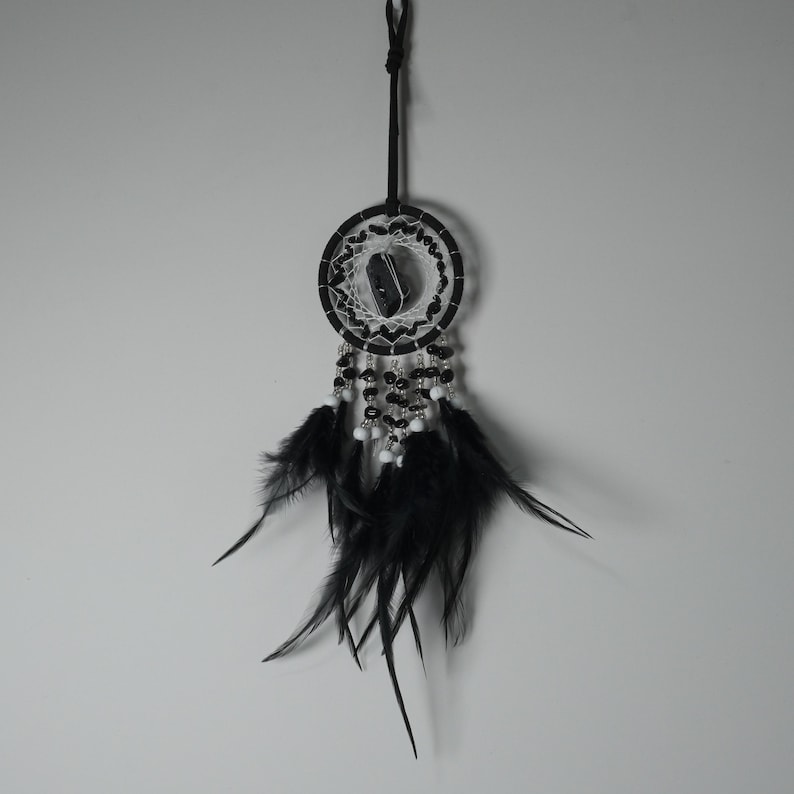 May include: A black and white dreamcatcher with a central stone, intricate web design, and hanging black feathers. The dreamcatcher is suspended by a black cord, showcasing a blend of natural and handcrafted elements.