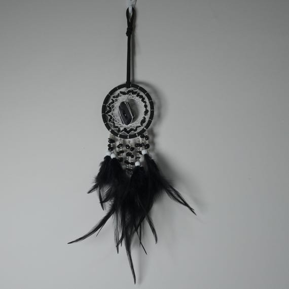 Black Obsidian Dream Catcher with Feathers, Raw Stone Wall Hanging, Protection Crystal Decor, Spiritual Boho Dreamcatcher Gift