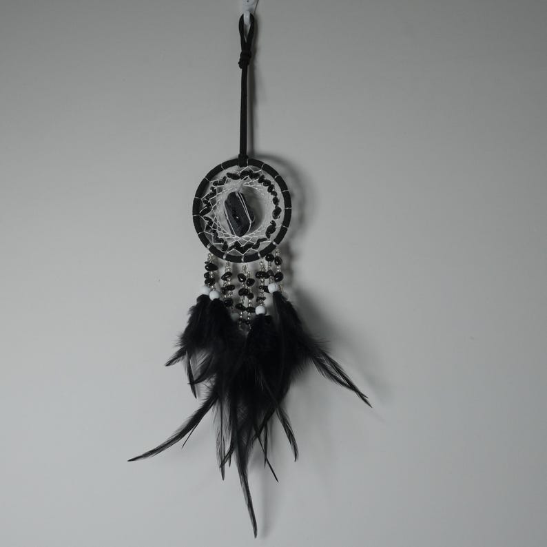 May include: A black and white dreamcatcher with a central stone and hanging black feathers. The dreamcatcher is suspended by a black cord, and features a circular woven web design with black and white beads.