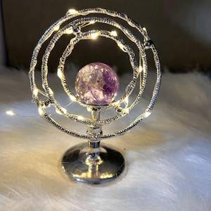 LED  Spinning Silver Armillary Sphere Holder Fairy Light: Celestial Crystal Ball Stand