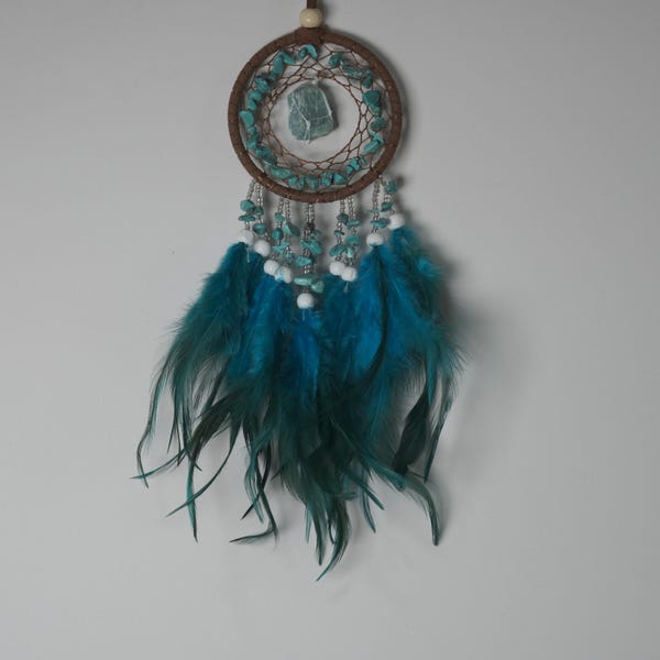 Amazonite Dream Catcher with Feathers, Raw Blue Crystal Wall Hanging, Turquoise Chip Dreamcatcher, Calming Stone Boho Decor Gift