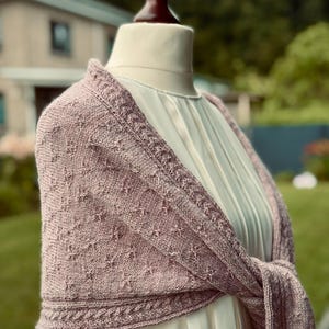 Könnte beinhalten: Ein hellmauvefarbener Strickschal, der über einer Schaufensterpuppe drapiert ist. Der Schal hat ein detailliertes Sternmuster und eine dekorative Bordüre. Der weiche, strukturierte Stoff wird vor einem weißen Kleid gezeigt, was einen Kontrast erzeugt. Der Schal ist ein gemütliches Accessoire.