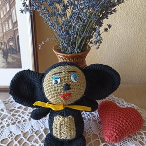 Crocheted Cheburashka doll, crocheted toy, black crocheted Cheburashka, handmade knitted toy, USSR knitted doll character