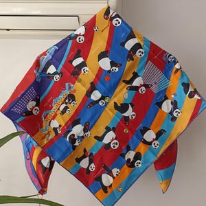 Silk Scarf – Panda Sport Pattern, Retro Silk Headscarf, Rare Elegant Silk Neckerchief, Vintage Olympic Foulard,  Pure Silk Scarf, 100% Silk
