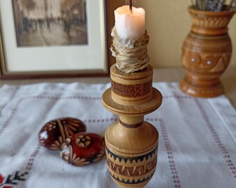 Vintage Handmade Wooden Candle Holder, Made in Ukraine, Carpathian Souvenir, Rustic Decor, Natural Wood Candle Stand, Boho Vintage Decor