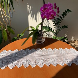 white table runner hand crochet, handmade lace doily, boho chic table runner, home decor accent, rustic decor, vintage cotton table runner