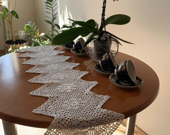 white table runner hand crochet, handmade lace doily, boho chic table runner, home decor accent, rustic decor, vintage cotton table runner