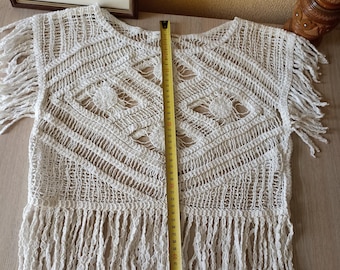 Vintage White Crochet Crop Top, Handmade Boho Fringe Blouse, Cotton Beachwear