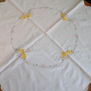 Handmade embroidered cotton tablecloth, rare tablecloth with Easter eggs and chicks, vintage natural tablecloth, Easter decor, gift