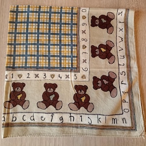 Bandana vintage svizzera in cotone con orsi, sciarpa a quadri con lettere e numeri, foulard, foulard da collo