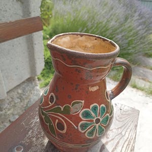 Antique jug, traditional Ukrainian jug, Clay pot, Ceramic vessel, hand painted with flowers, rustic pottery, vintage ceramic jug, circa 1960