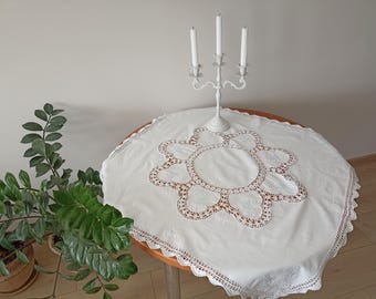 Cotton tablecloth hand embroidery, Swiss kitchen textiles, vintage natural tablecloth with lace, coffee tablecloth, floral print lace table