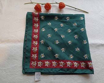 Bufanda vintage, bufanda de satén verde esmeralda con edelweiss, pañuelo esmeralda raro, estampado de edelweiss, accesorio de moda retro, regalo