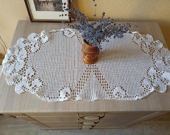 Vintage Handmade Crochet Lace Table Runner, White Cotton Boho Decor