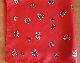Pañuelo vintage de seda roja con edelweiss, bandana retro rara, pañuelo de seda roja, estampado de edelweiss, accesorio de moda, elegante regalo vintage.