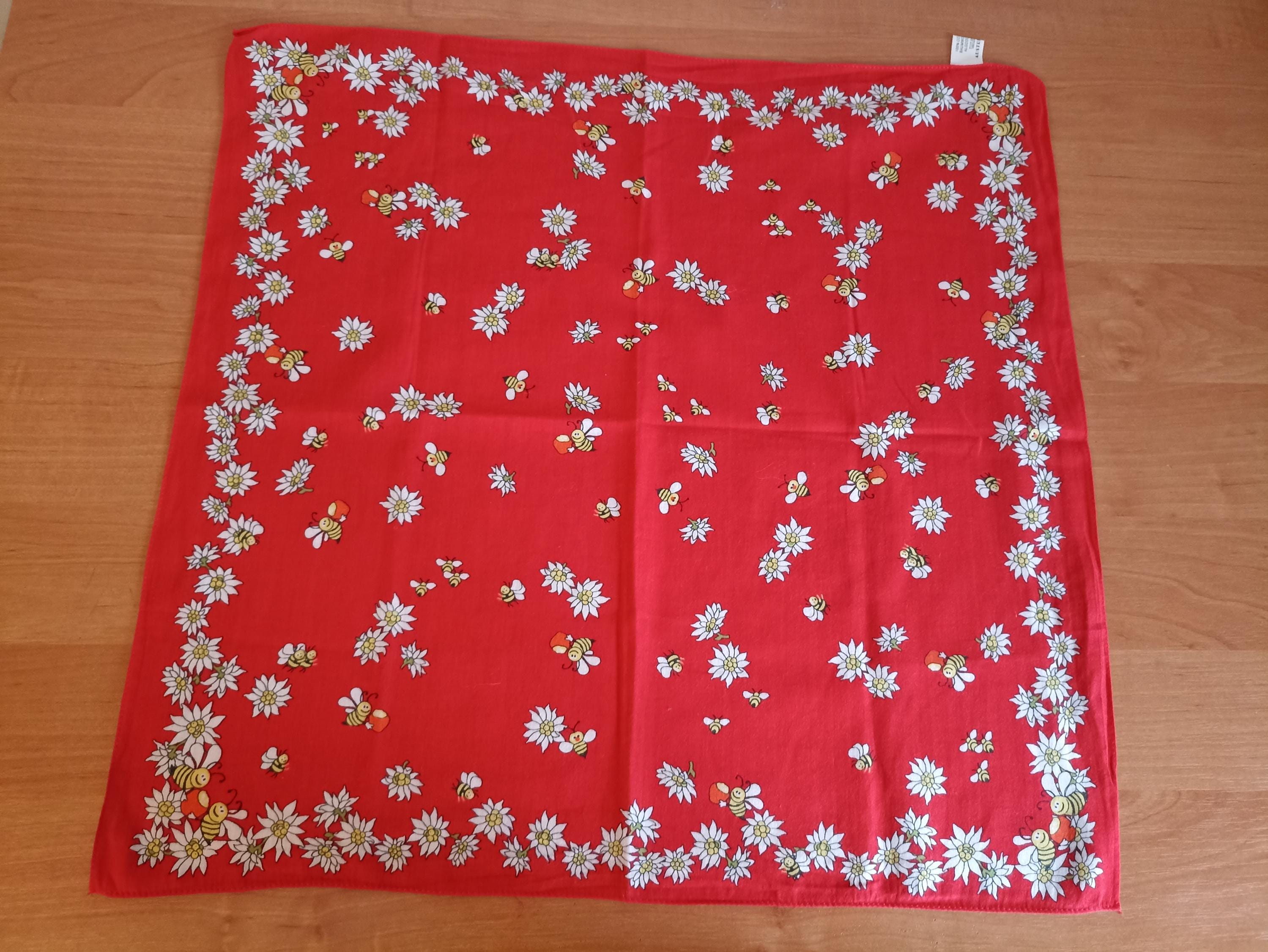 vintage bandana edelweiss, Swiss playful cotton scarf with floral pattern and bees, headscarf, neckerchief made of 100% cotton, bracelet
