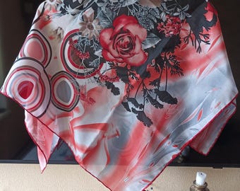 Bufanda de seda vintage de Bwin, bufanda retro de satén color coral, estampado geométrico con rosas y flores silvestres.