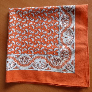 May include: An orange paisley patterned handkerchief. The handkerchief features a repeating white paisley design on an orange background. A decorative border with floral and paisley elements in white and orange frames the edge.