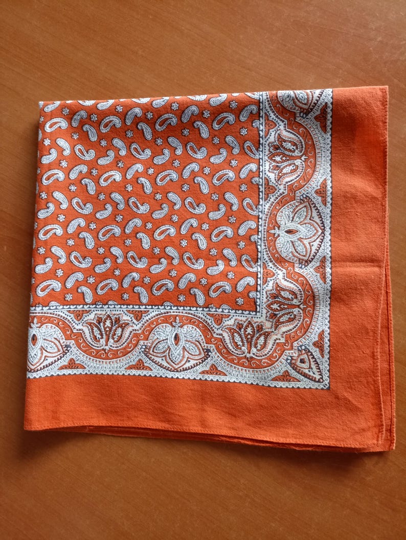 May include: An orange paisley patterned handkerchief. The handkerchief features a repeating white paisley design on an orange background. A decorative border with floral and paisley elements in white and orange frames the edge.