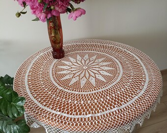 Tovaglia rotonda all'uncinetto, tovaglia rotonda vintage realizzata a mano in tela di cotone con pizzo, forma rotonda, arredamento per la casa in stile cottage, regalo di Pasqua