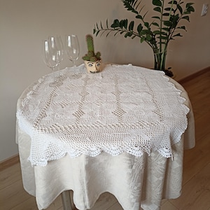 Crochet square tablecloth, vintage white lace rectangular table cloth, cottagecore home decor,  34 - 30 inches, easter gift