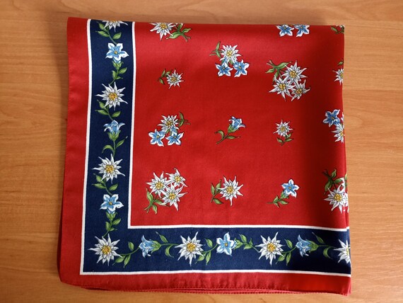 Vintage Swiss Satin Scarf, Cherry Edelweiss Pattern, Retro Fashion Accessory