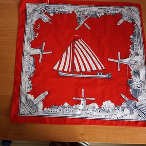 Vintage holländsk bomullshalsduk, röd segelbåtsväderkvarnsbandana (20")