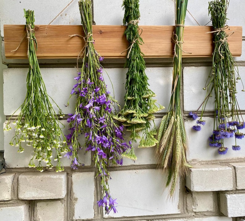 May include: Five bundles of dried flowers and herbs hanging from a wooden rack. The bundles include white, purple, and yellow flowers, as well as green herbs and wheat. The rack is mounted on a white brick wall.