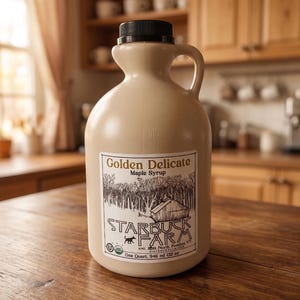 Puede incluir: Una jarra de plástico beige de Golden Delicate Maple Syrup de Starbuck Farm. La etiqueta presenta una escena de bosque y el texto "One Quart. 946 ml (32 fl oz)". La jarra tiene una tapa negra y un asa.