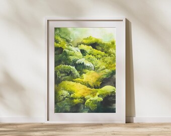 Moss Forest Watercolor Print – Tranquil Green Landscape Wall Art in 12x18, 20x30, and 24x36 Inches
