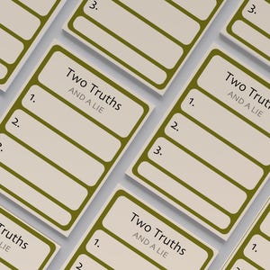 May include: Five beige cards with a green border. Each card has the text "Two Truths and a Lie" and three blank lines numbered 1, 2, and 3.