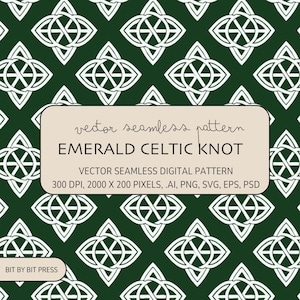 Puede incluir: Un patrón sin costuras que presenta un diseño de nudo celta blanco sobre un fondo verde oscuro. El patrón está etiquetado como "Emerald Celtic Knot" e incluye el texto "Vector Seamless Digital Pattern, 300 DPI, 2000 x 200 Pixels, AI, PNG, SVG, EPS, PSD".