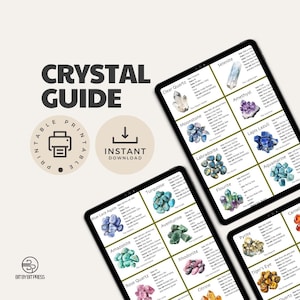 Może przedstawiać: Drukowany przewodnik po kryształach z ilustracjami różnych kryształów, w tym kryształ górski, selenit, kamień księżycowy, ametyst, labradoryt, lapis lazuli, błękitny agat koronkowy, turkus, fluoryt, akwamaryn, amazonit, awenturyn, różowy kwarc, rodonit, piryt, karneol, cytryn, tygrysie oko i kwarc. Przewodnik zawiera nazwę każdego kryształu i opis jego właściwości.