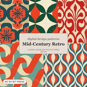 Peut inclure: Une collection de cinq motifs de design numérique Mid-Century Retro en rouge, bleu sarcelle, vert et crème. L'image contient le texte digital design patterns Mid-Century Retro 5 2400PX SEAMLESS PNG PATTERNS 300 DPI.