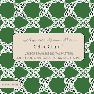 Puede incluir: Un patrón sin costuras que presenta un diseño de cadena celta en blanco sobre un fondo verde. El patrón se repite en toda la imagen. El texto "vector seamless pattern Celtic Chain" se muestra en un rectángulo beige en la parte inferior de la imagen.