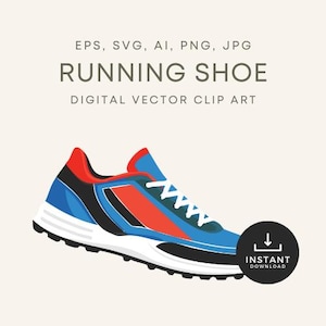 May include: A blue, red, and black running shoe with white laces. The shoe has a white sole with black tread.