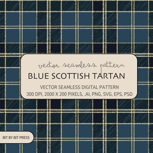 May include: A seamless digital pattern featuring a blue and yellow plaid design. The pattern is labeled "Blue Scottish Tartan" and includes the text "vector seamless pattern".