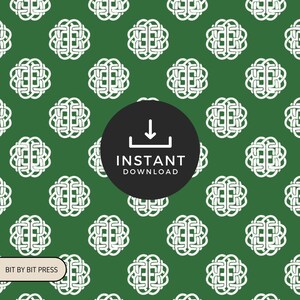 Puede incluir: Un patrón sin costuras con un diseño de nudo celta blanco sobre un fondo verde. El texto "INSTANT DOWNLOAD" se muestra en un círculo negro con un icono de flecha de descarga.