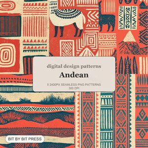 Pode incluir: Uma coleção de padrões de design digital com motivos andinos em vermelho, creme e azul escuro. Os gráficos incluem lhamas, montanhas, formas geométricas e texturas listradas. Texto: digital design patterns Andean 5 2400PX SEAMLESS PNG PATTERNS 300 DPI BIT BY BIT PRESS.